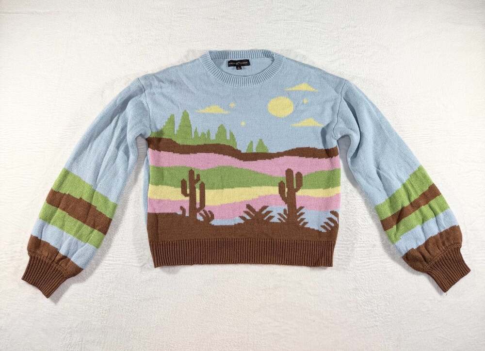 Almost Famous Light Blue Western Landscape Knit Pullover Sweater Size Large